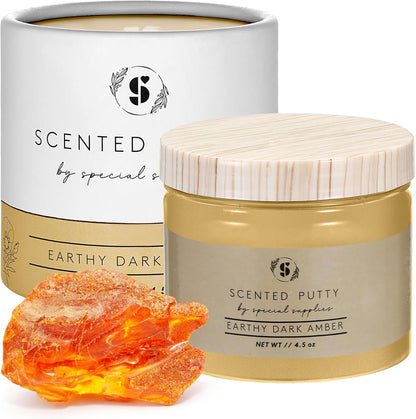 Earthy dark amber scented putty in a jar with matching packaging and amber stone, sensory tool