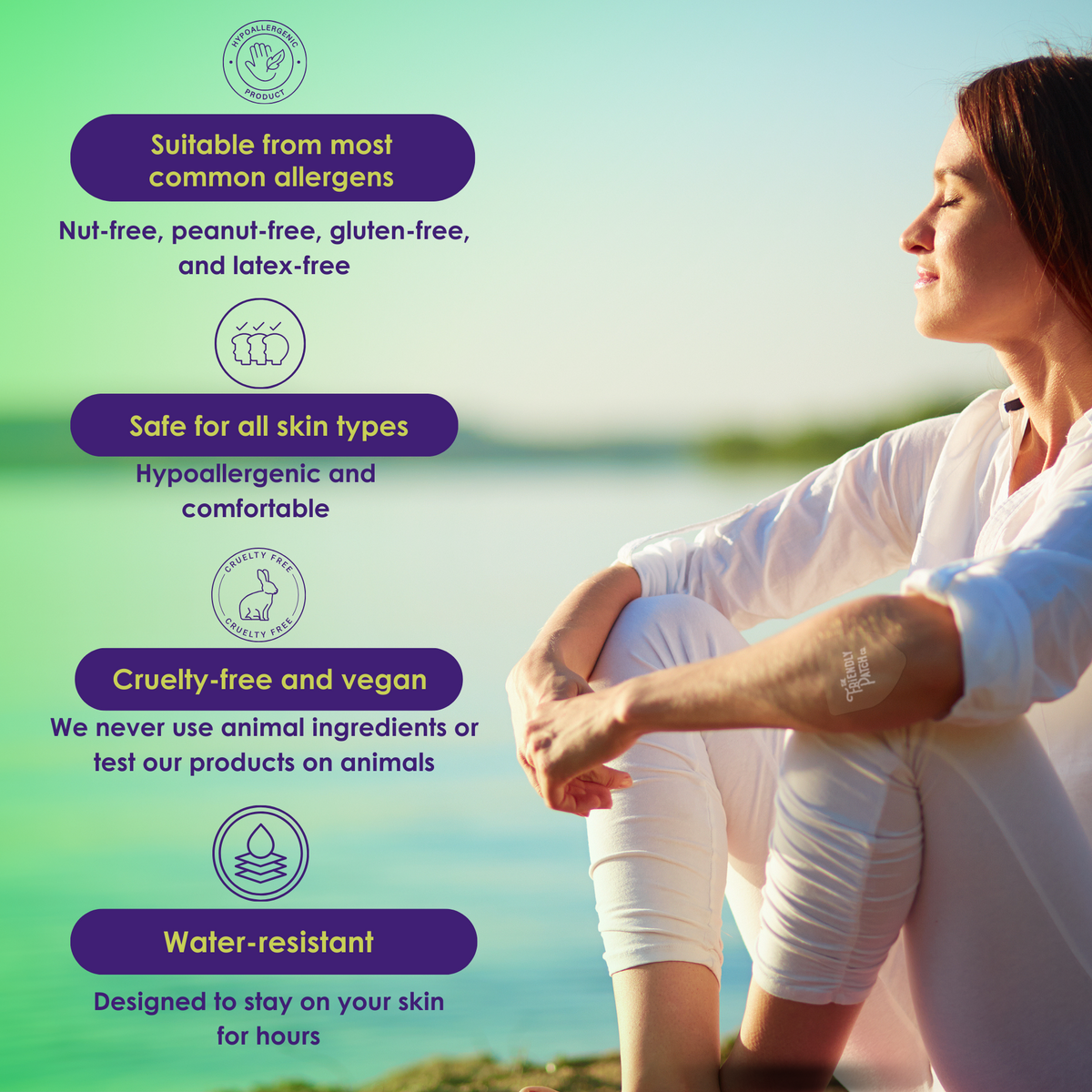 Woman sitting by a lake with product features listed on a green gradient background