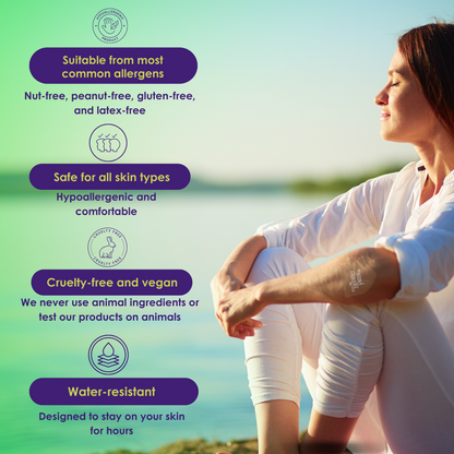 Woman sitting by a lake with product features listed on a green gradient background
