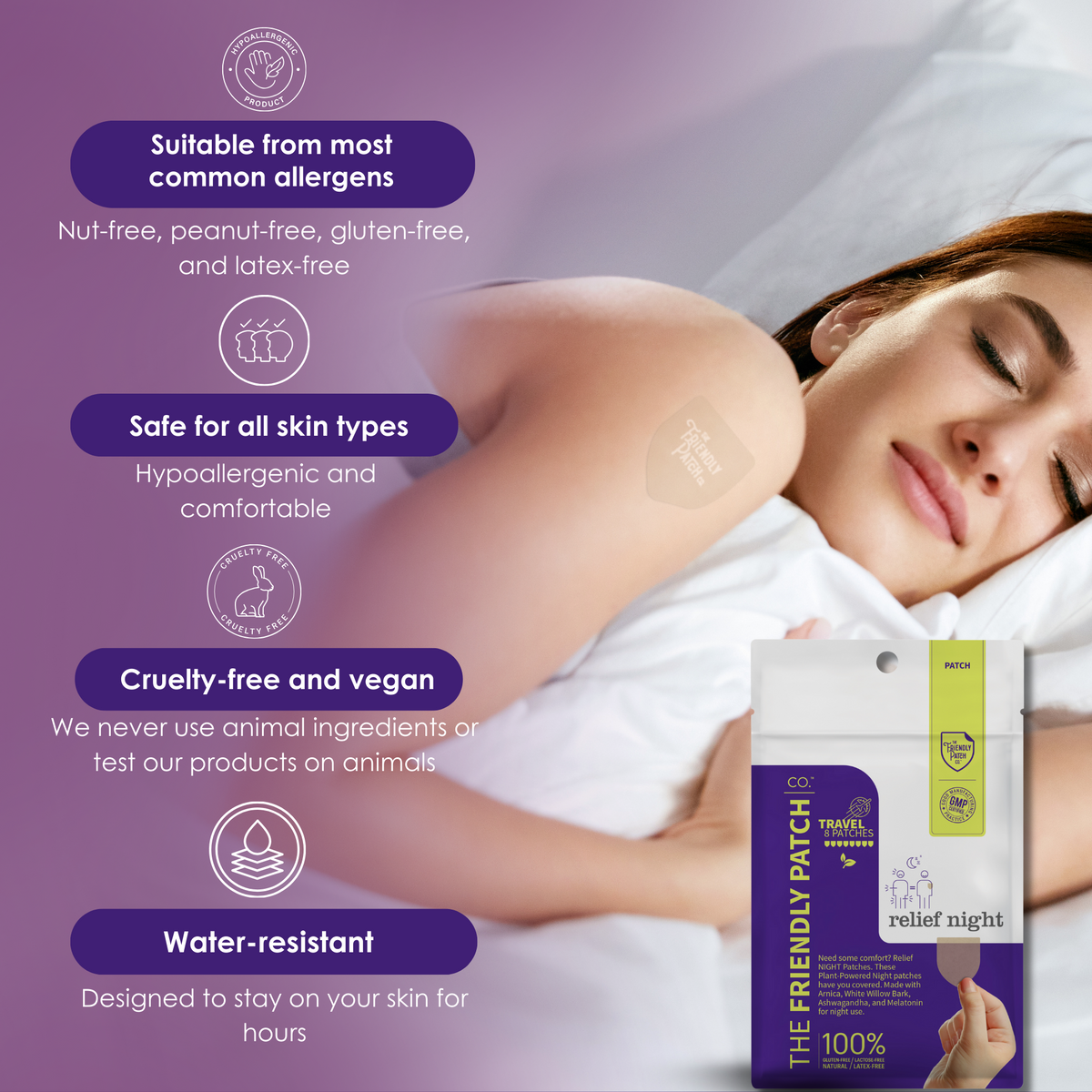 Woman lying down with a product box labeled 'The Friendly Patch' on a purple background with text about product features.