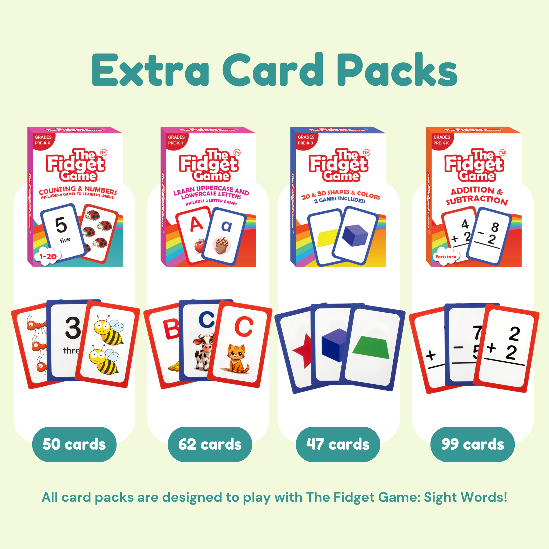 Extra card packs for 'The Fidget Game' on a light green background