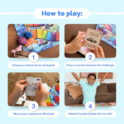 Step-by-step board game instructions for kids using squishy characters and challenge cards.
