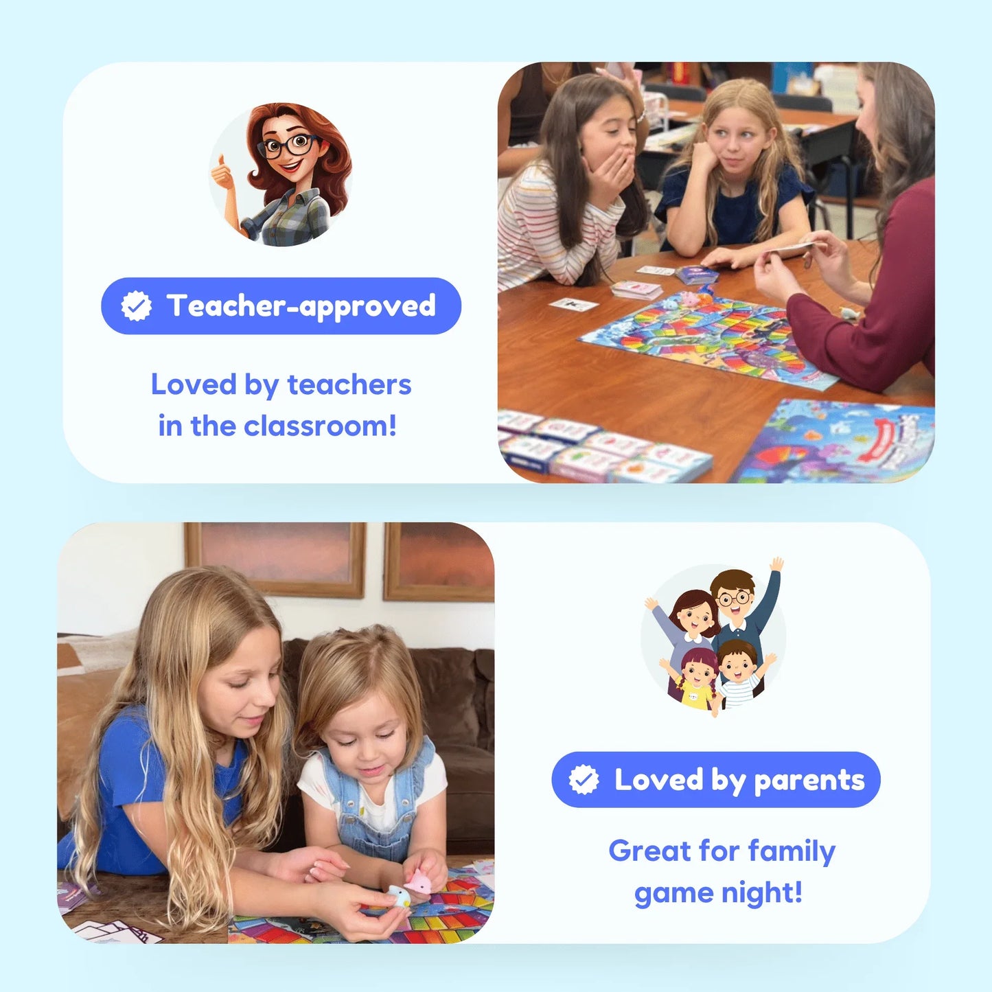Children and parents playing a colorful educational board game, recommended by teachers and families.