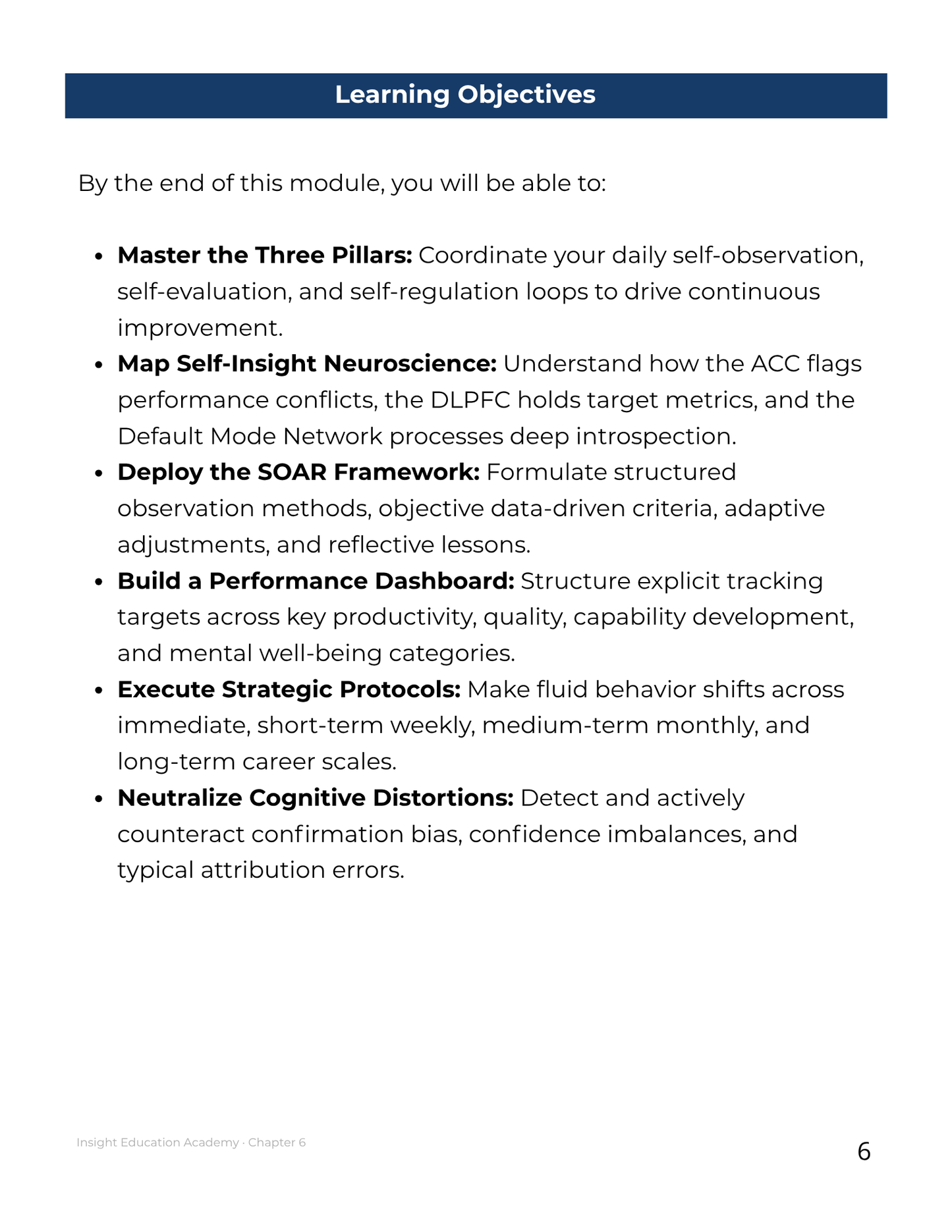 Learning objectives list for a module on self-regulation and neuroscience.