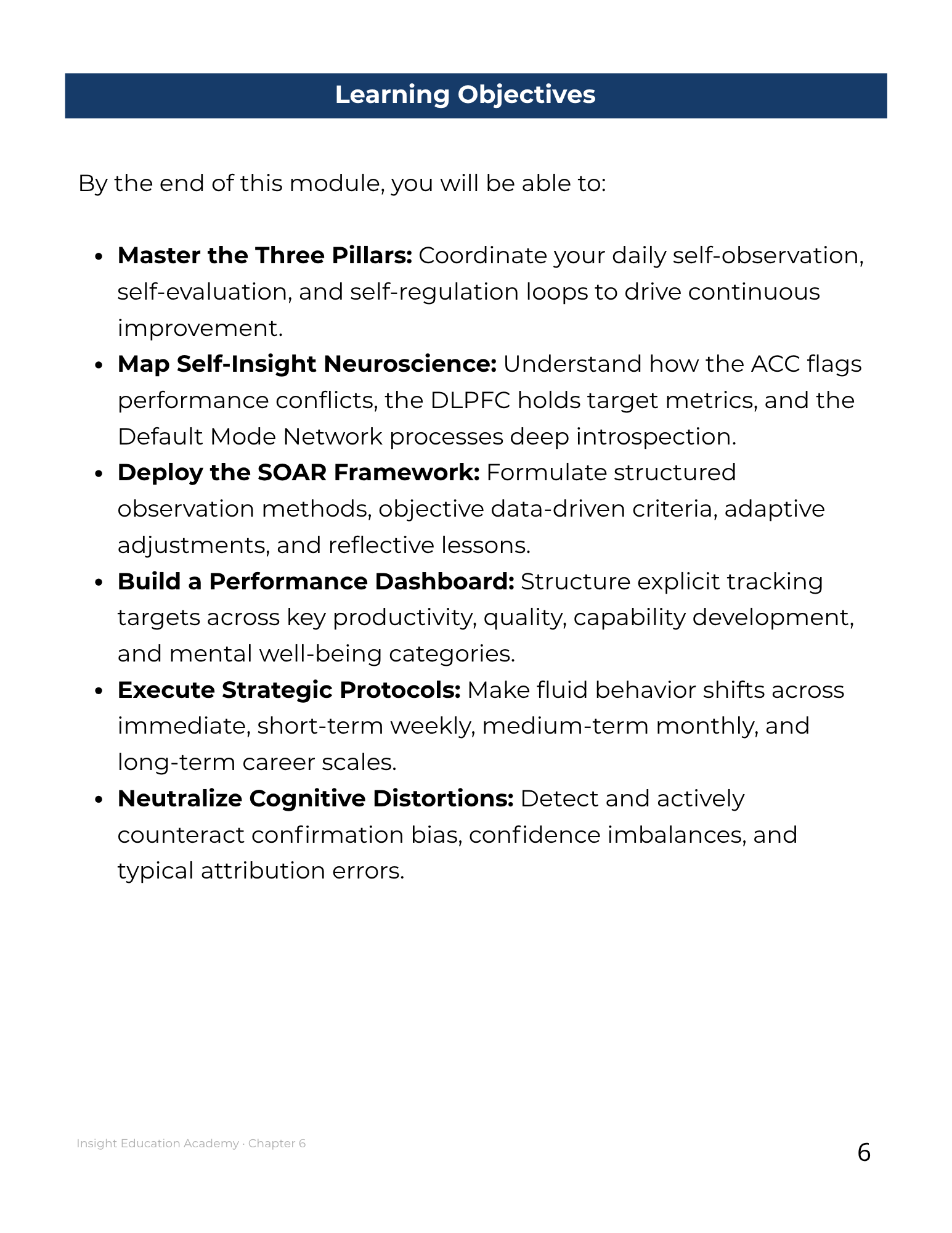 Learning objectives list for a module on self-regulation and neuroscience.