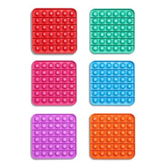 Colorful sensory pop it fidget toys with alphabet letters for learning and play.