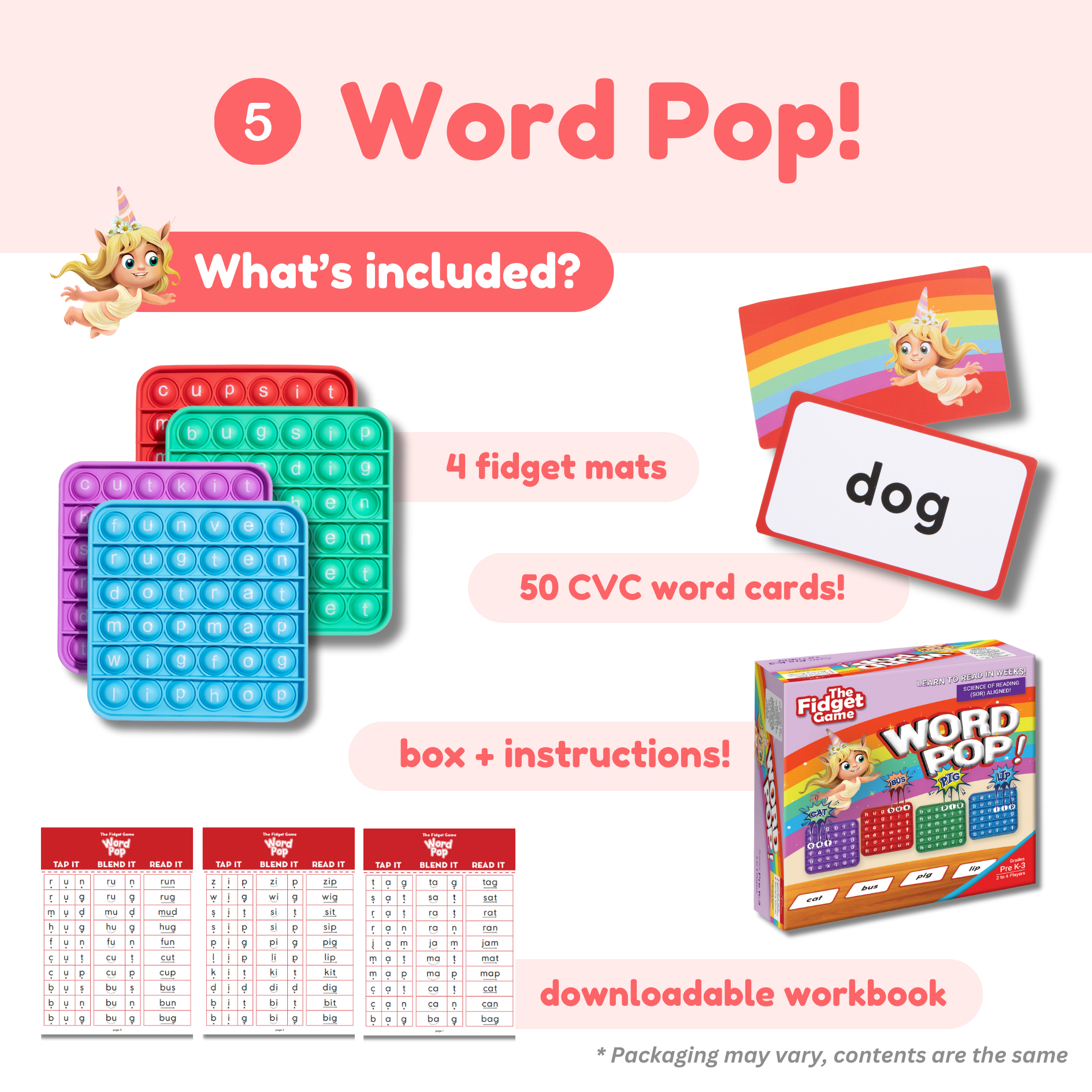 Product packaging of 'Word Pop!' educational toy with fidget mats, CVC word cards, and workbook.