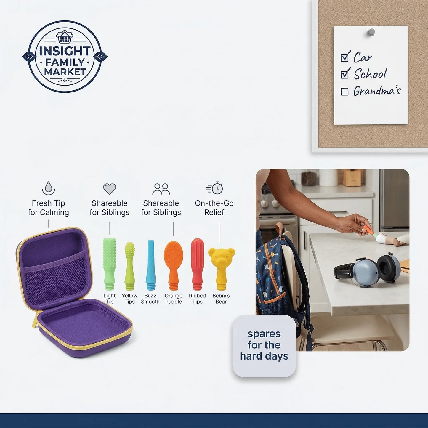 Colorful sensory chewable tips refill set with purple zippered case and on-the-go relief icons.