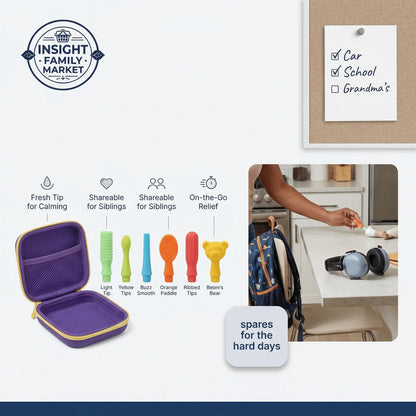 Colorful sensory chewable tips refill set with purple zippered case and on-the-go relief icons.