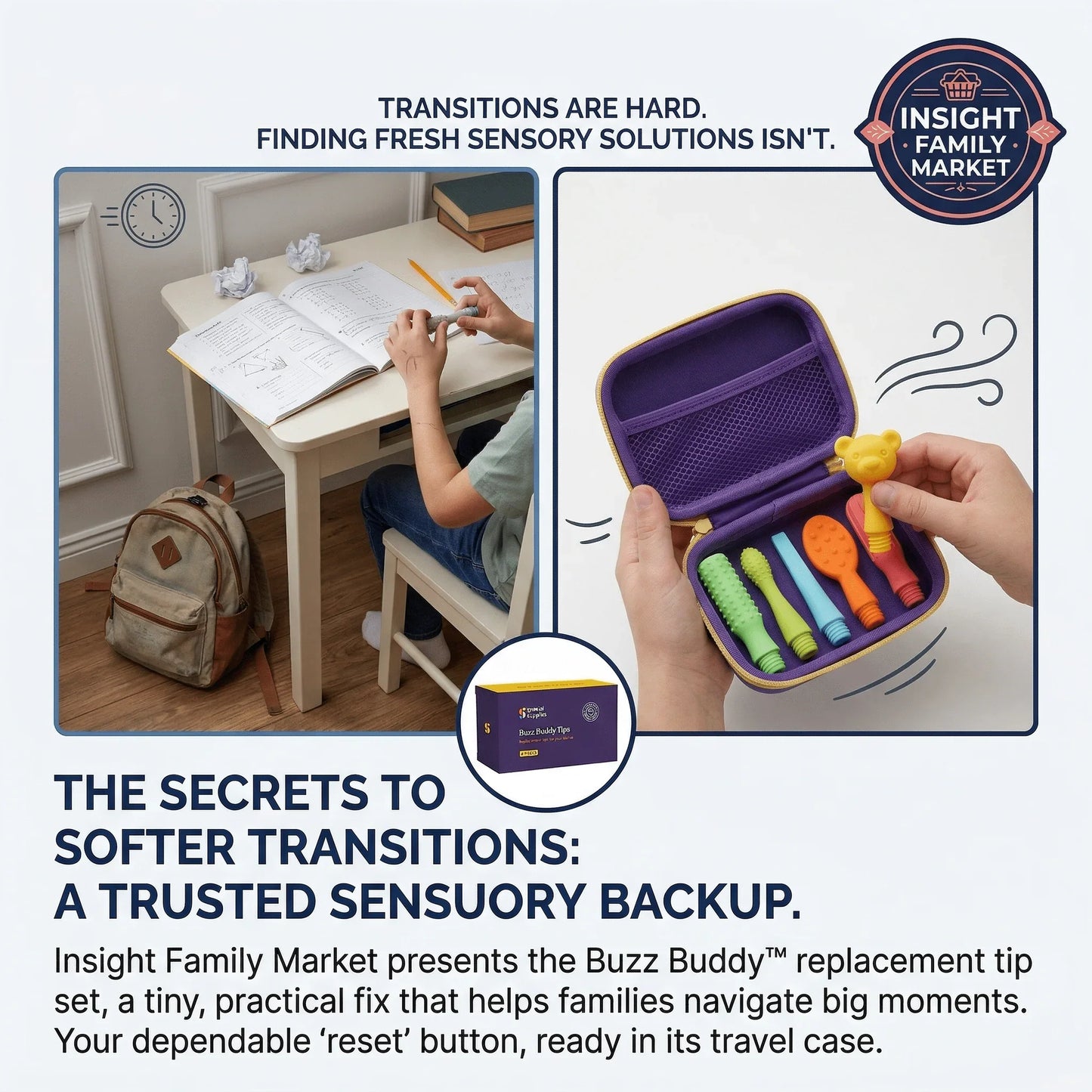 Child at desk with sensory tool kit for smoother transitions, featuring colorful textured tips in a purple case.