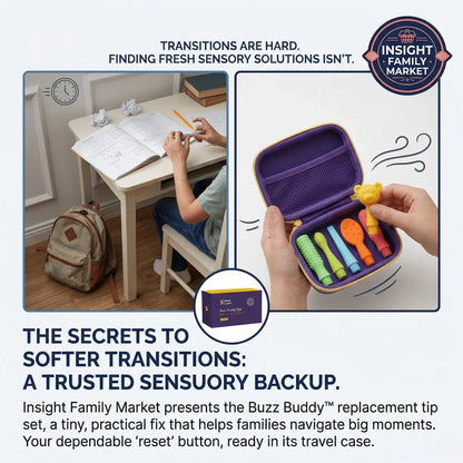 Child at desk with sensory tool kit for smoother transitions, featuring colorful textured tips in a purple case.