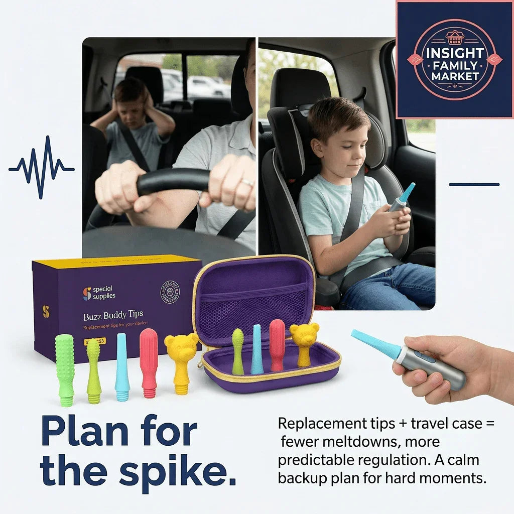 Sensory replacement tips set with travel case, child using calming tool in car for meltdown support.