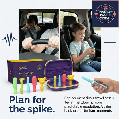 Sensory replacement tips set with travel case, child using calming tool in car for meltdown support.