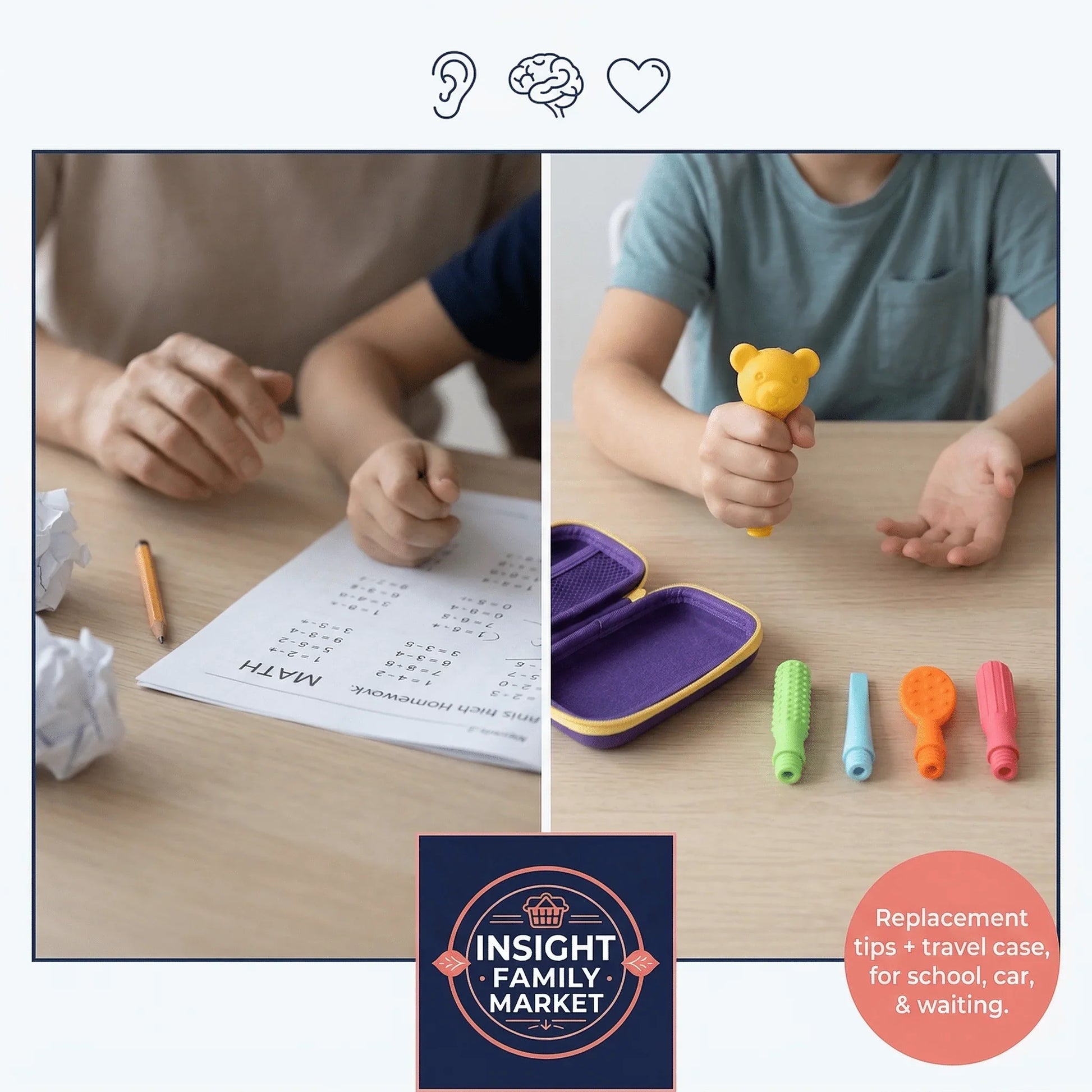 Child fidgeting with sensory toy and math worksheet, sensory tool set and travel case on desk