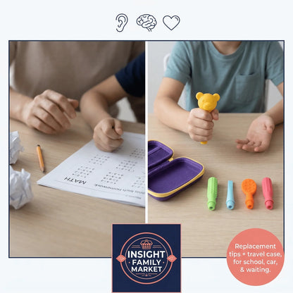 Child fidgeting with sensory toy and math worksheet, sensory tool set and travel case on desk