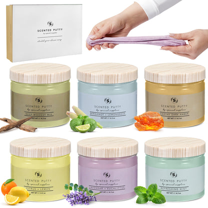 Six jars of scented sensory putty in assorted colors and fragrances, box and hands stretching putty shown.