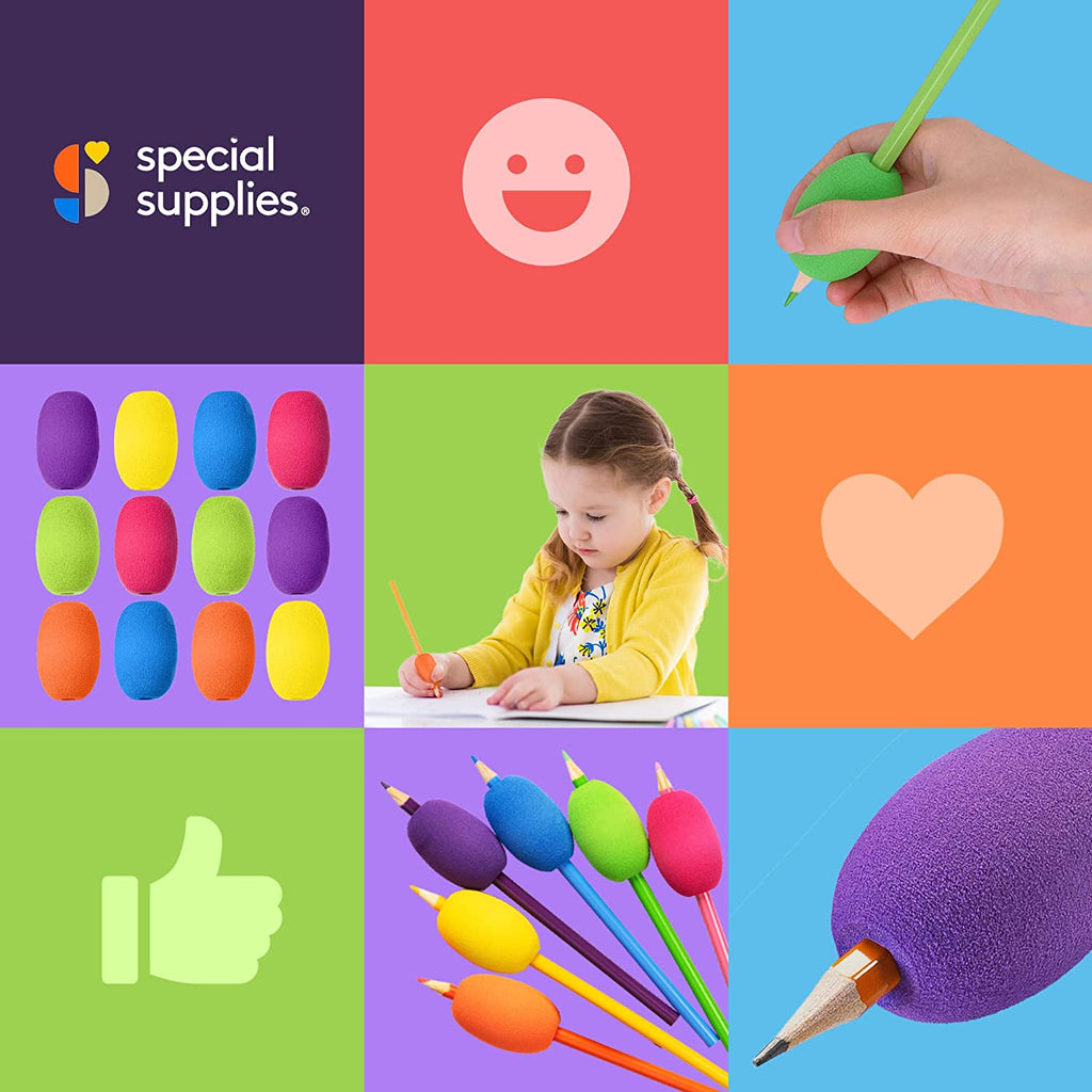 Collage of educational products with 'special supplies' branding, including colorful pencils and a child writing.