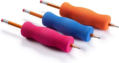 Three pencils with large ergonomic foam grips in pink, blue, and orange for sensory support