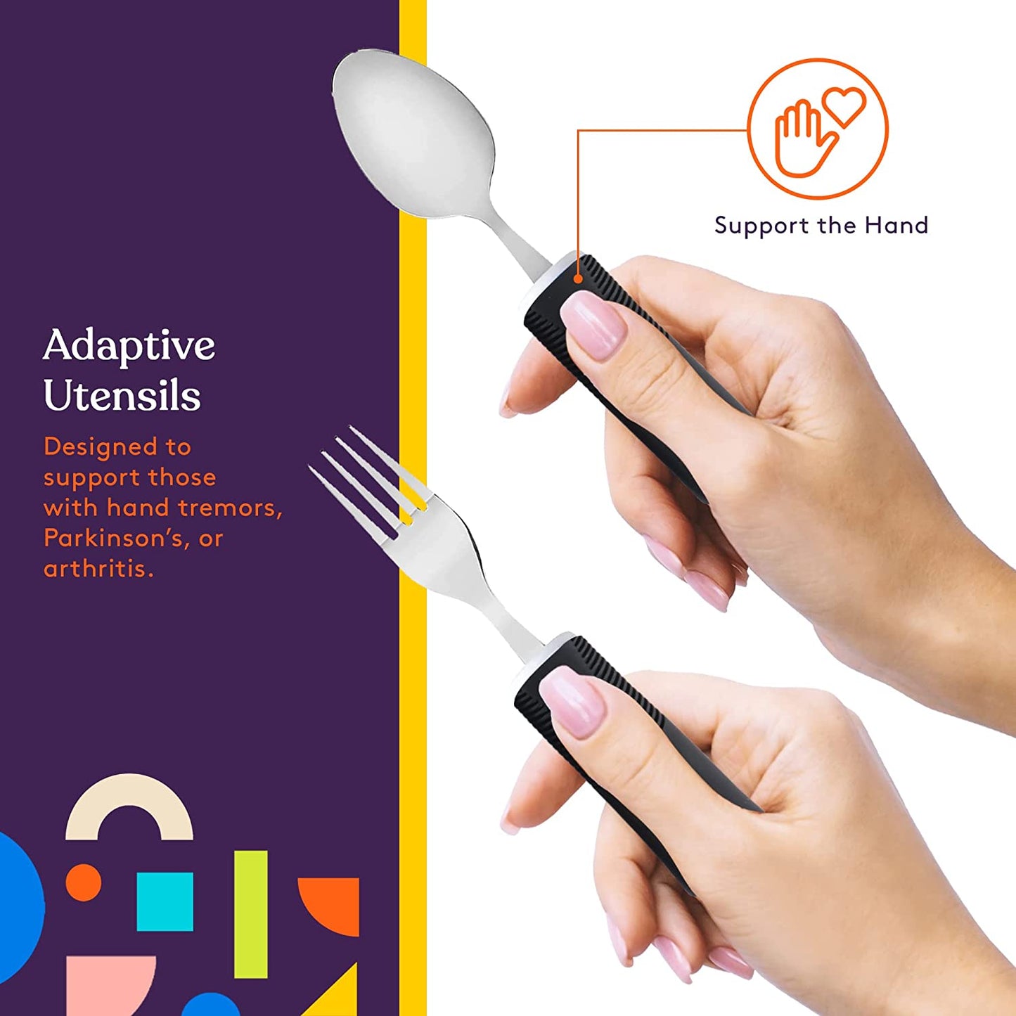 Adaptive Utensils - Arthritis Aid Silverware Set for Parkinsons, Hand Tremors - Easy Grip for Shaking, Elderly & Trembling Hands - Stainless Steel Spoons, Fork & Knifes Included - Black - Insight Family Market