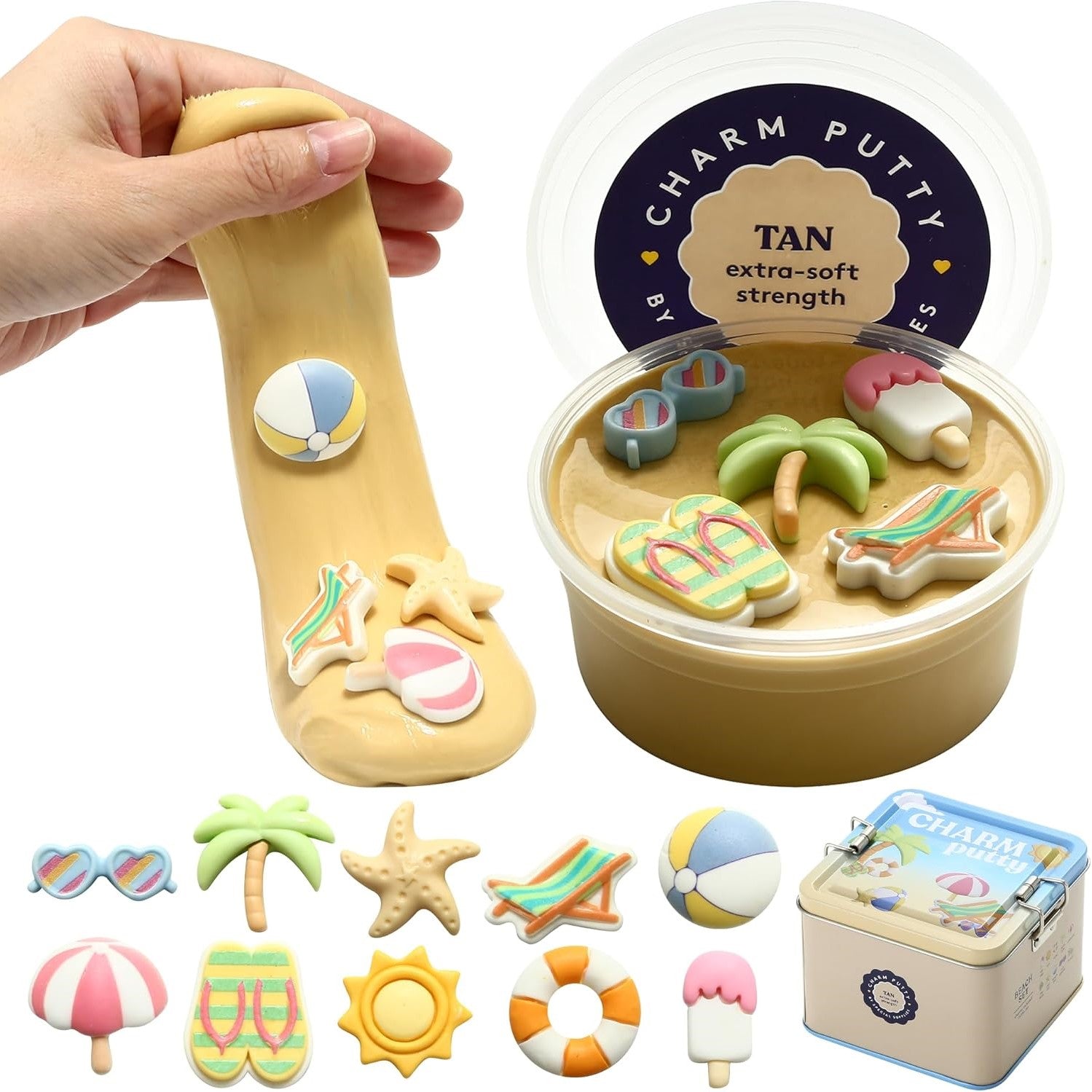 Sensory Therapy Putty for Kids and Adults with 10 Cute Charms - Resistive Hand Exercise Stress Relief Therapy Putty, Five Ounces of Each Putty (Beach Set - Strength: X - Soft) - Insight Family Market