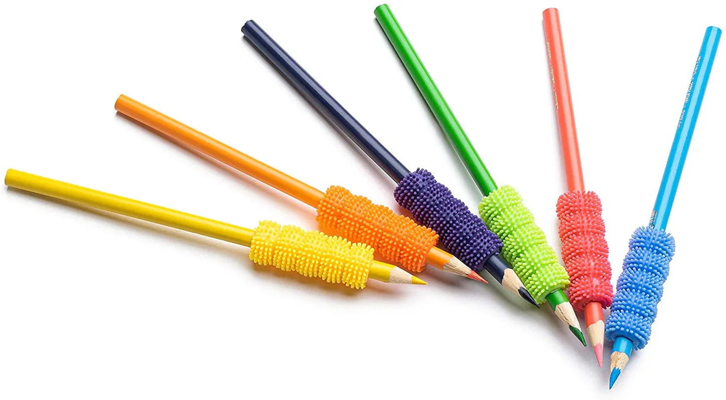 Colorful pencils with textured sensory grips for sensory-friendly writing support
