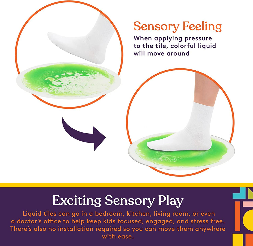 Sensory play product with green liquid tiles and text explaining its use.