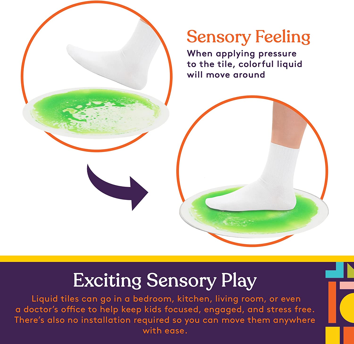 Sensory play product with green liquid tiles and text explaining its use.