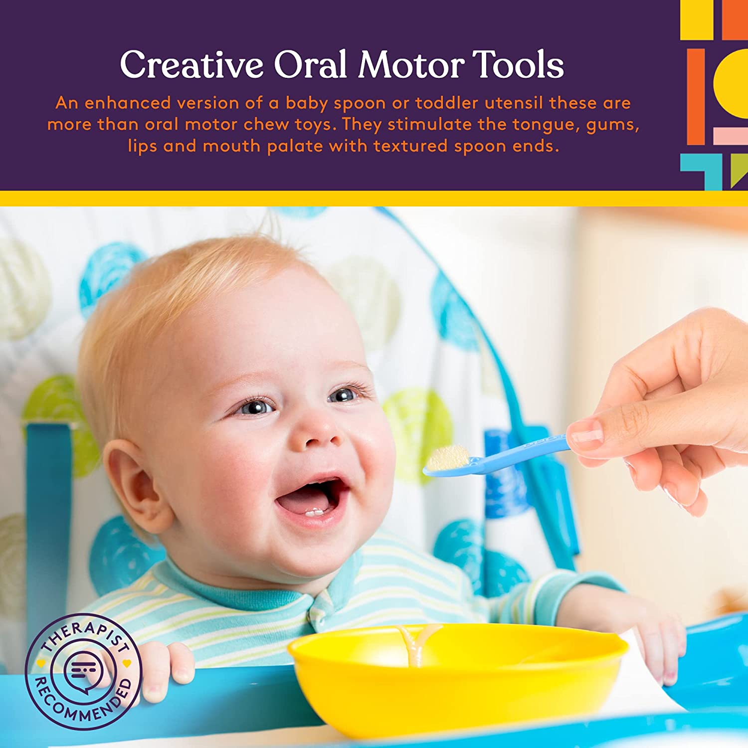 Baby using a textured spoon with text about creative oral motor tools