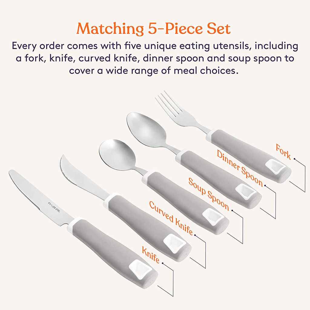 Set of 5 Gray Adaptive Utensils - Stainless Steel Knife, Rocker Knife, Fork, Soup Spoon, Dinner Spoon - Insight Family Market