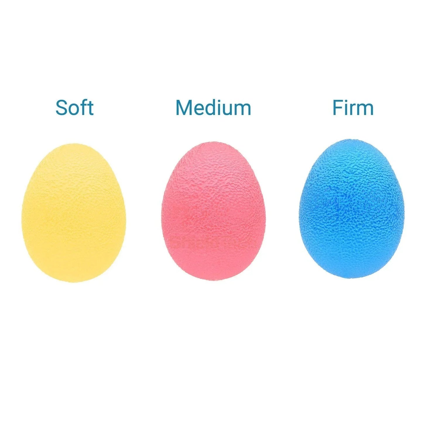 Three textured sensory stress balls in yellow, pink, and blue labeled soft, medium, firm.