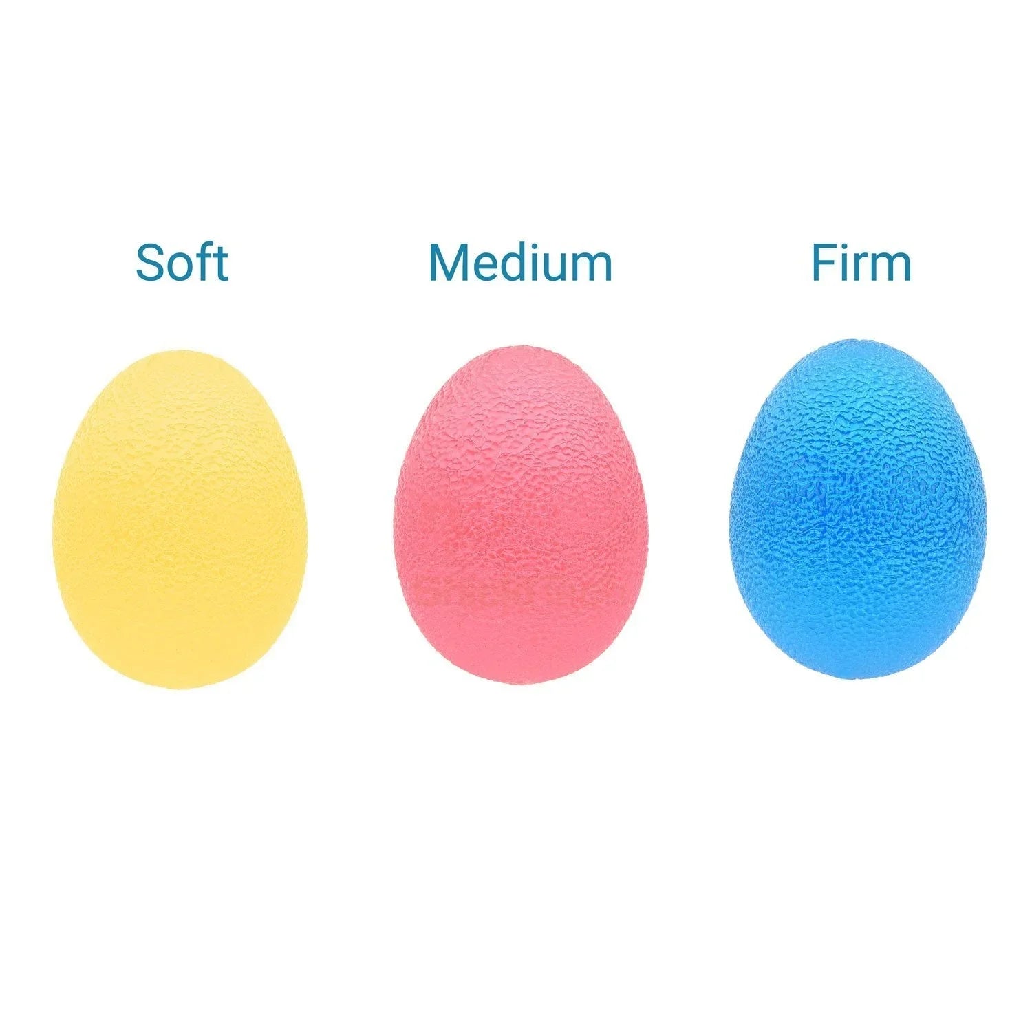 Three textured sensory stress balls in yellow, pink, and blue labeled soft, medium, firm.