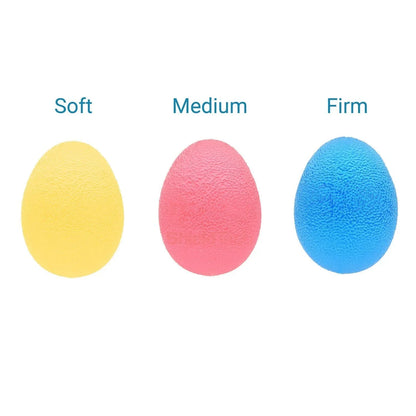 Three textured sensory stress balls in yellow, pink, and blue labeled soft, medium, firm.