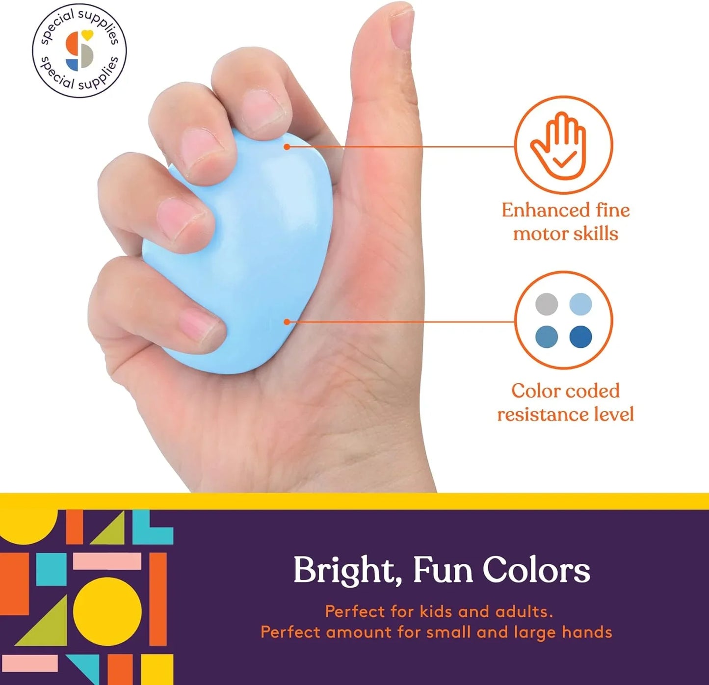 Hand squeezing a blue sensory stress ball, labeled for fine motor skills and color coded resistance.