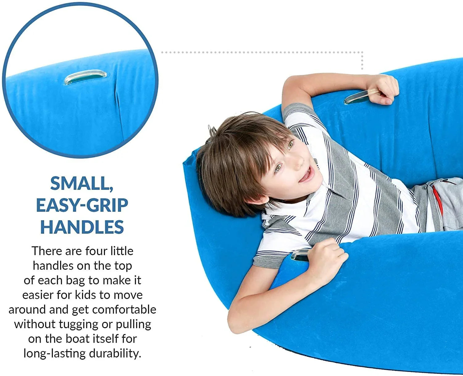 Child sitting on a large blue sensory bean bag chair with easy-grip handles, for comfort support.