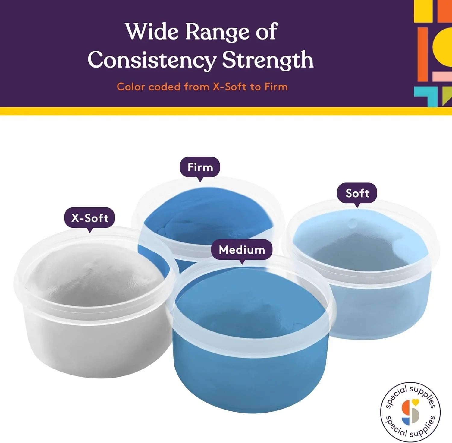 Therapy putty set in four containers with X-Soft, Soft, Medium, and Firm resistance levels