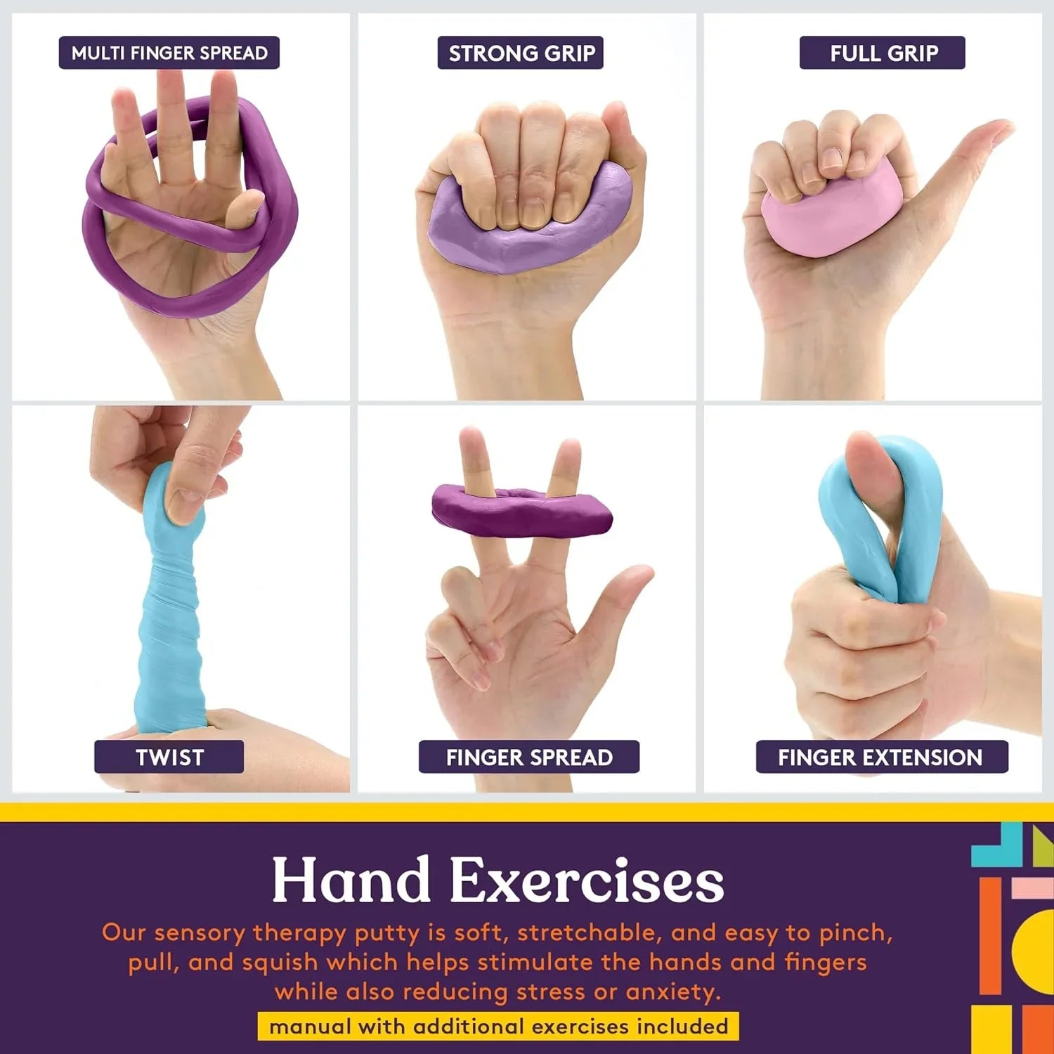 Hands demonstrating sensory therapy putty exercises for grip strength, finger spread, and stress relief.