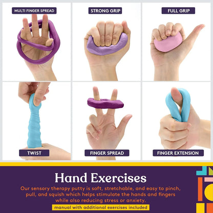 Hands demonstrating sensory therapy putty exercises for grip strength, finger spread, and stress relief.