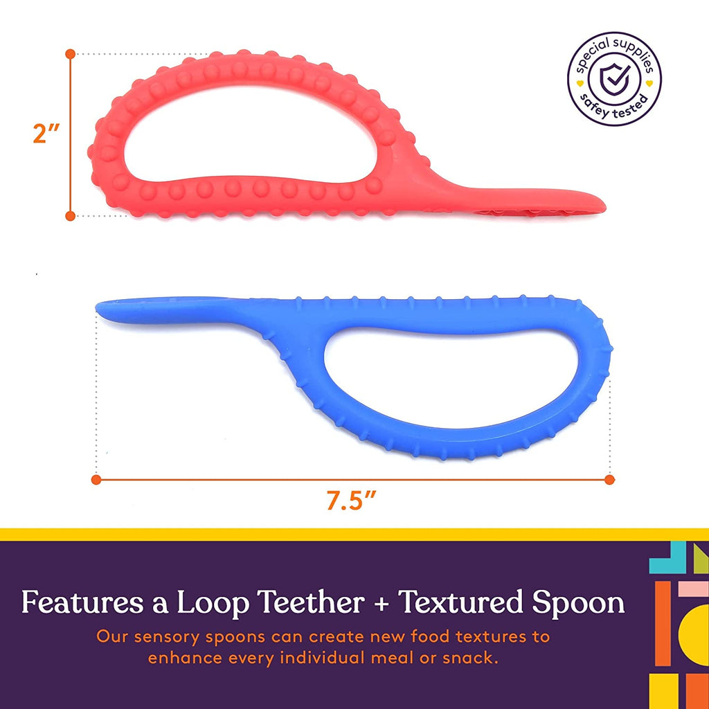 Special Supplies Duo Spoon Loops Oral Motor Therapy Tools, 2 Pack, Textured Stimulation and Sensory Input Treatment for Babies, Toddlers or Kids, BPA Free Silicone with Flexible, Easy Handle - Red & Blue - Insight Family Market