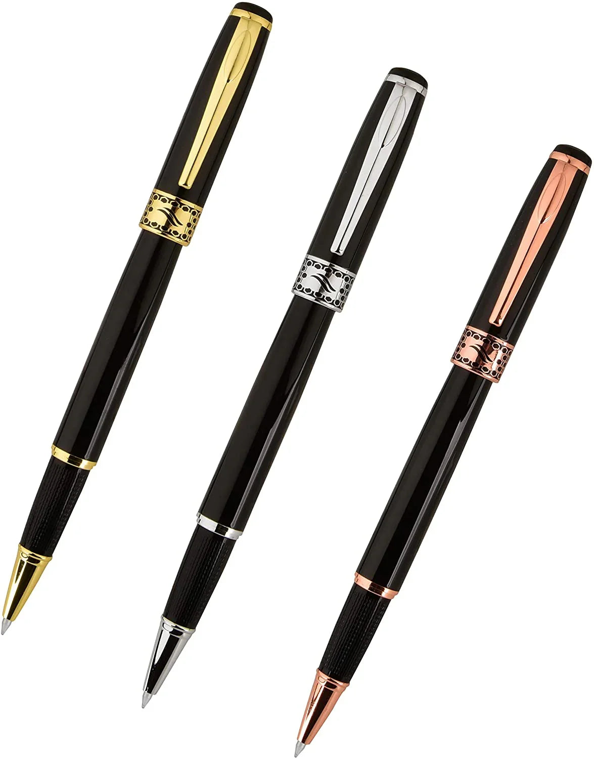 Set of three black ballpoint pens with gold, silver, and rose gold accents on white background