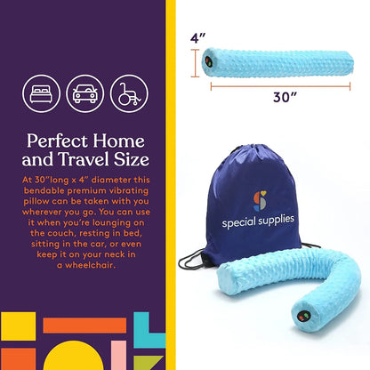 Light blue vibrating sensory pillow, 30-inch length, with purple carry bag, ideal for travel and home use