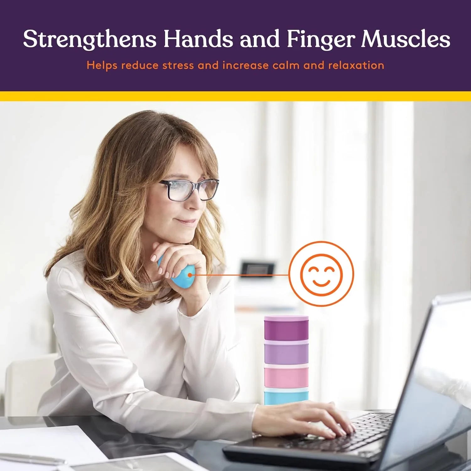 Woman using stress relief hand exercise ball while working at desk, text emphasizes calming benefits.