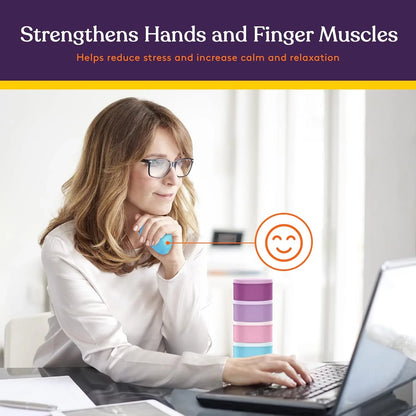 Woman using stress relief hand exercise ball while working at desk, text emphasizes calming benefits.