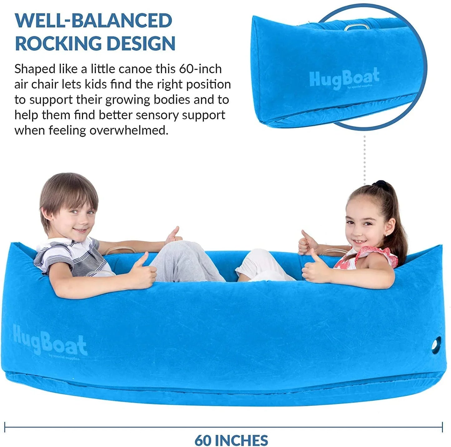 Two kids sitting in a blue sensory HugBoat air chair, 60-inch canoe-shaped for sensory support.