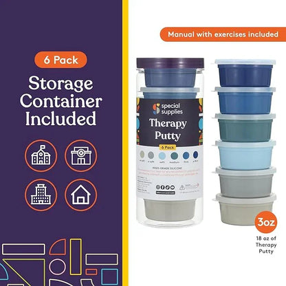 6-pack therapy putty set in various colors with storage container, sensory tool for kids