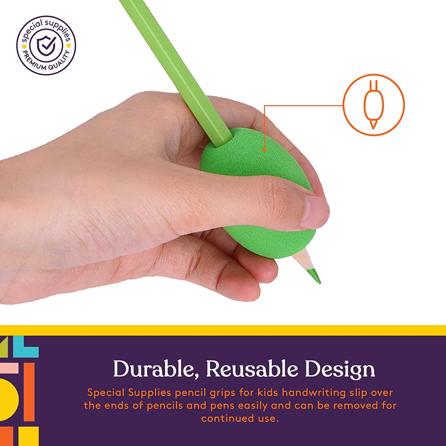 Hand holding a green pencil with a pencil grip attachment, on a white background.