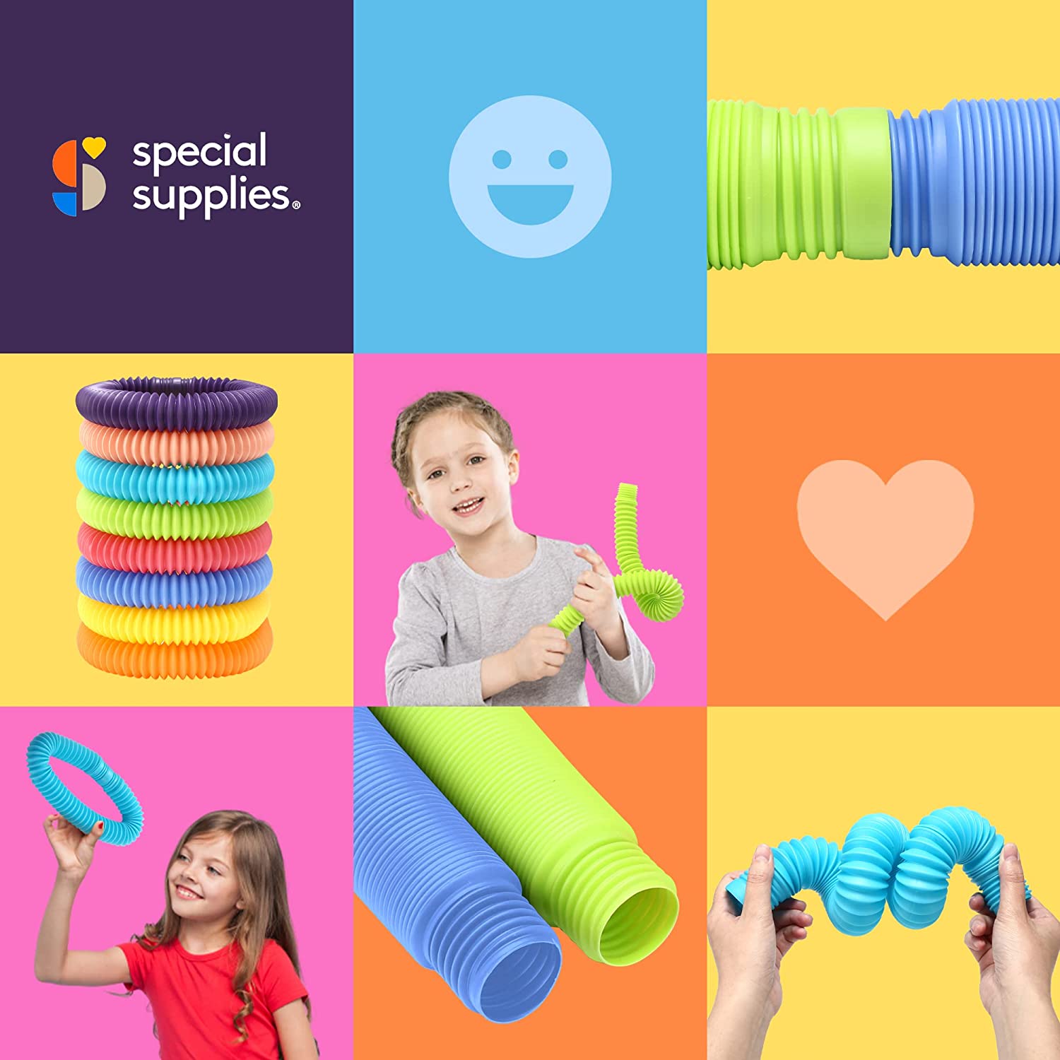 Colorful coiled toys with children and hearts on a grid of colorful squares, featuring 'special supplies.' logo.
