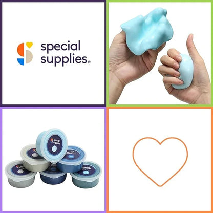 Sensory putty in blue, shown in hand and in containers, ideal for sensory play and stress relief