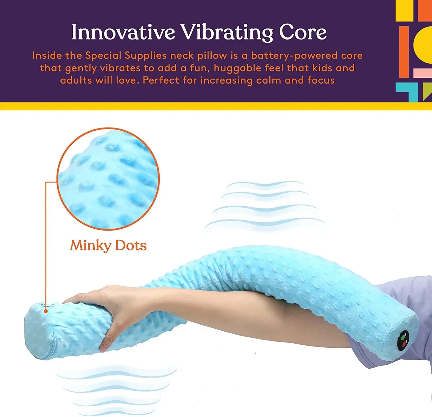 Vibrating blue sensory neck pillow with textured minky dots for calming and focus support