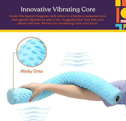 Vibrating blue sensory neck pillow with textured minky dots for calming and focus support