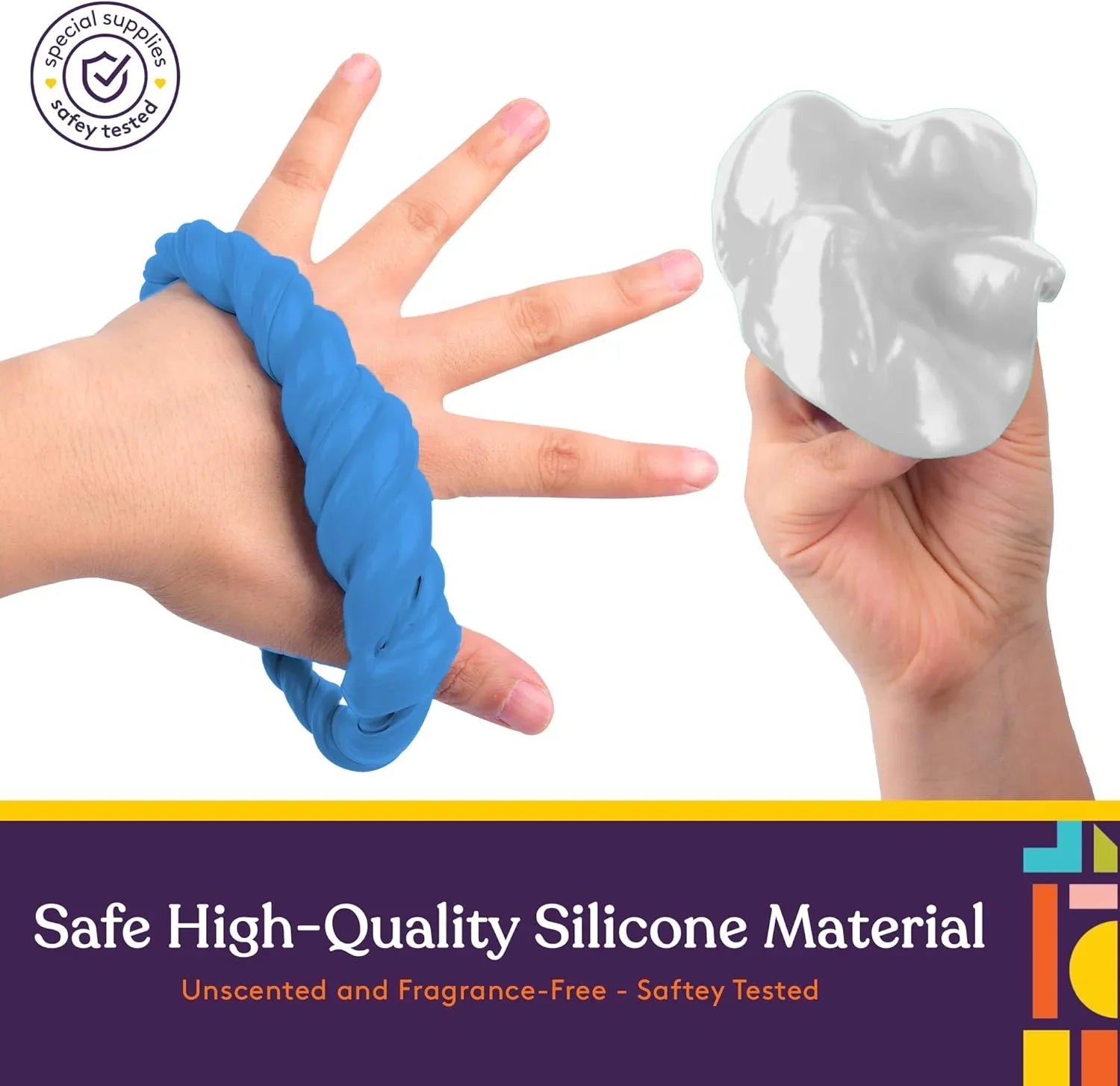 Child’s hand with blue silicone sensory fidget toy and a grey putty stress ball